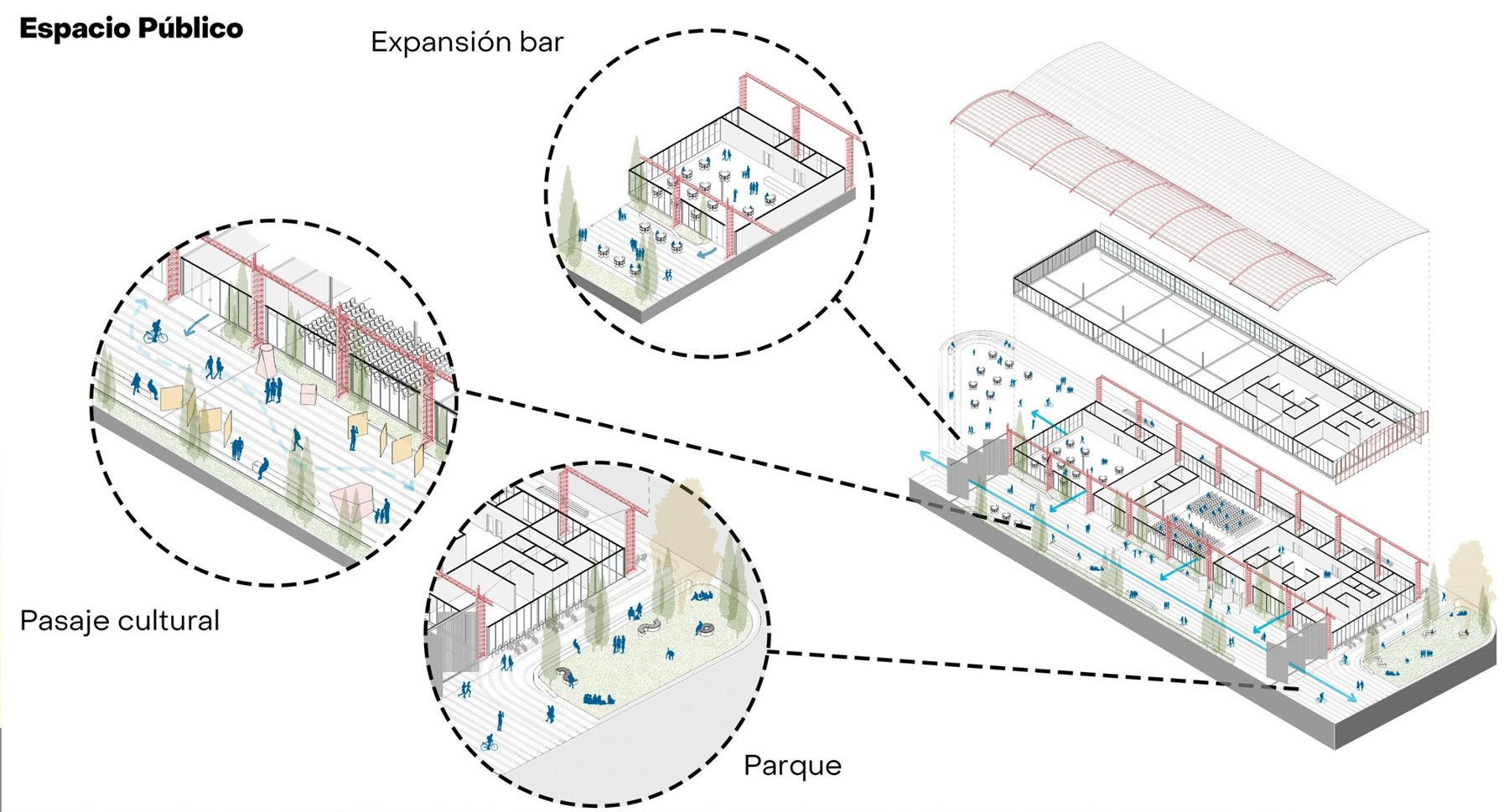 Exploded axonometric of a public building with zoomed-in public spaces