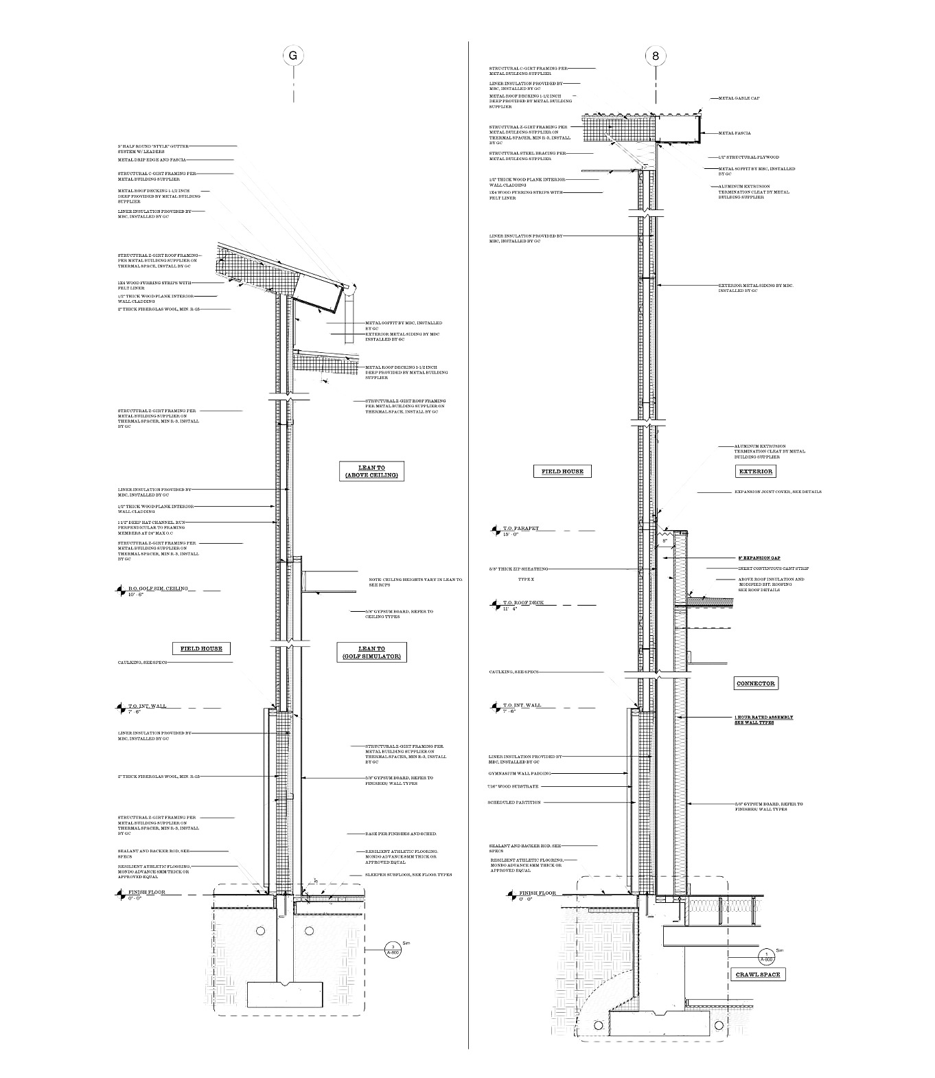 Wall section details with annotations, from a construction set