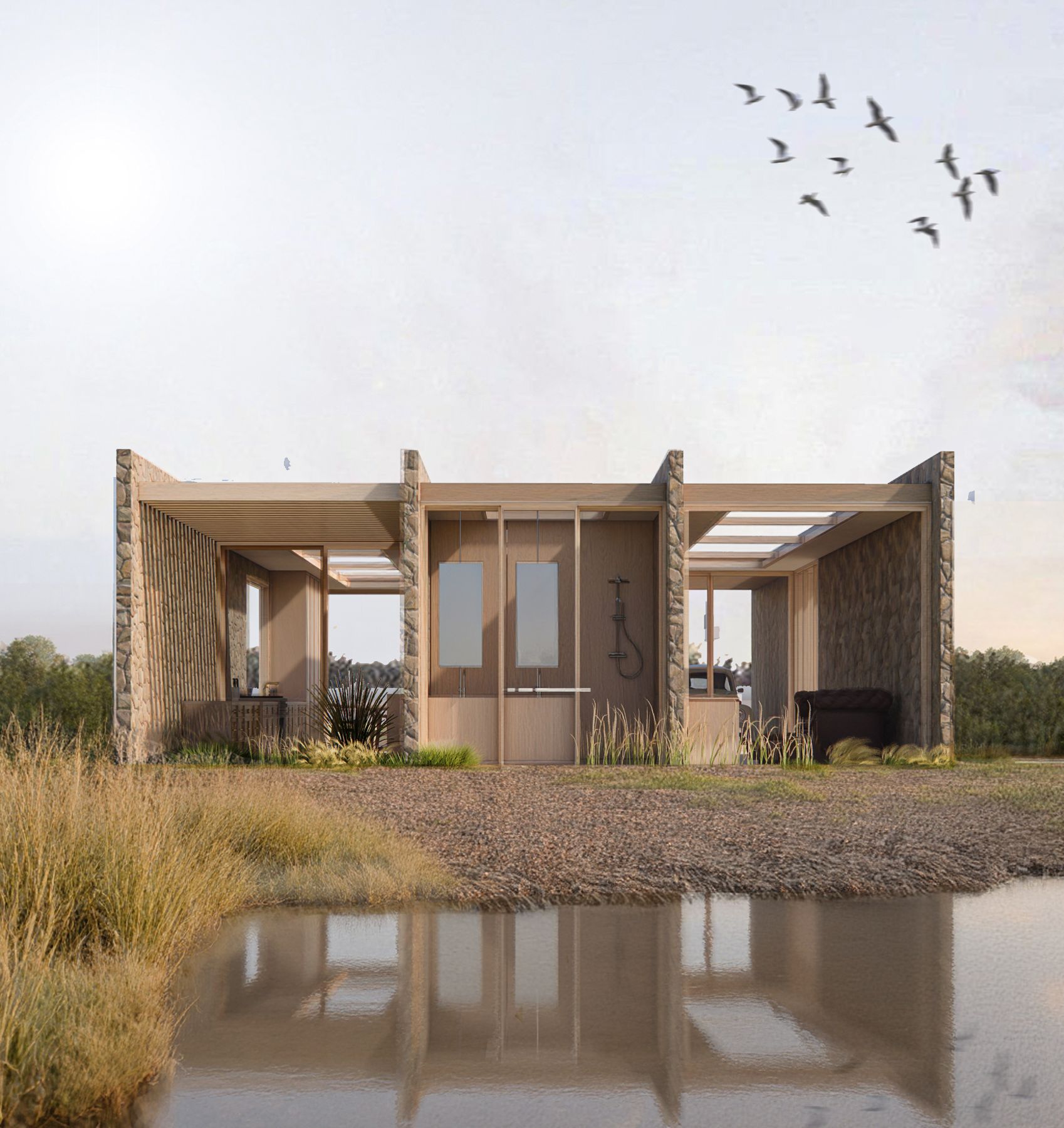Render of a timber and stone pavilion reflected in water