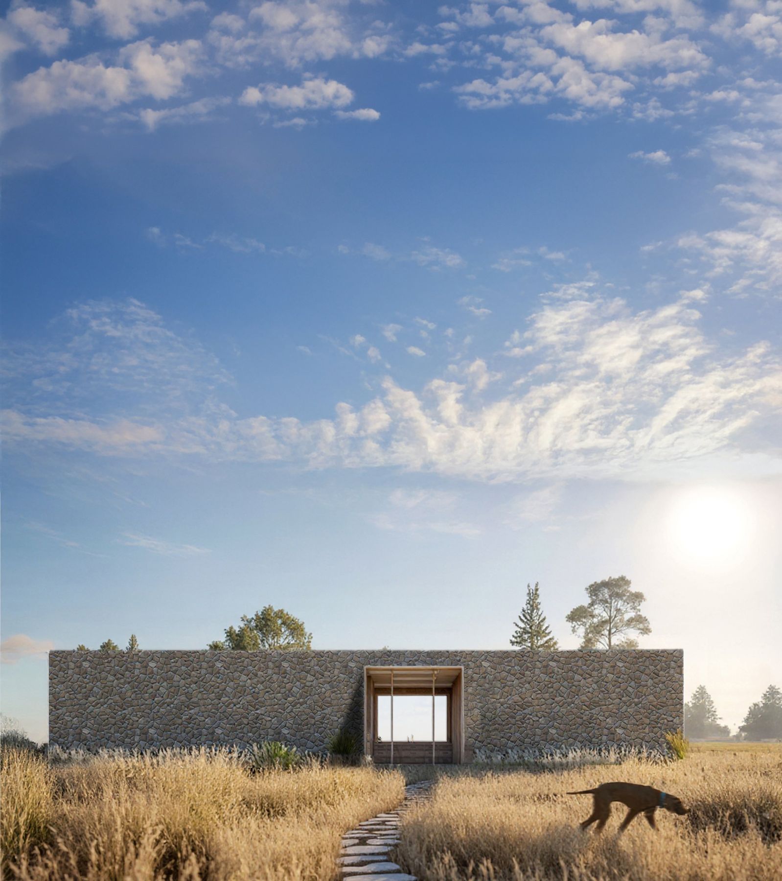 Render of a long stone house in a field of dry grass