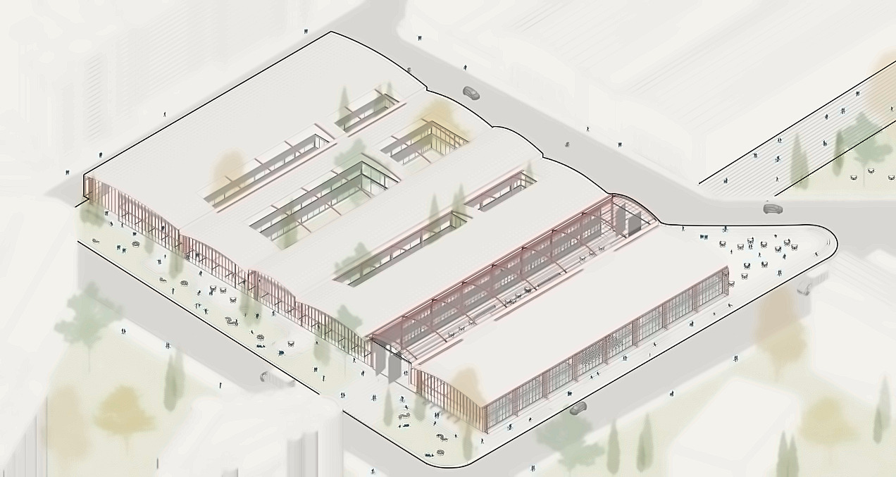 Axonometric drawing of a market hall and its surroundings